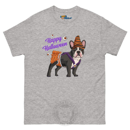 Happy Halloween Pumpkin tee with spina bifida, Frenchie Black &amp; White Female, Sport Grey