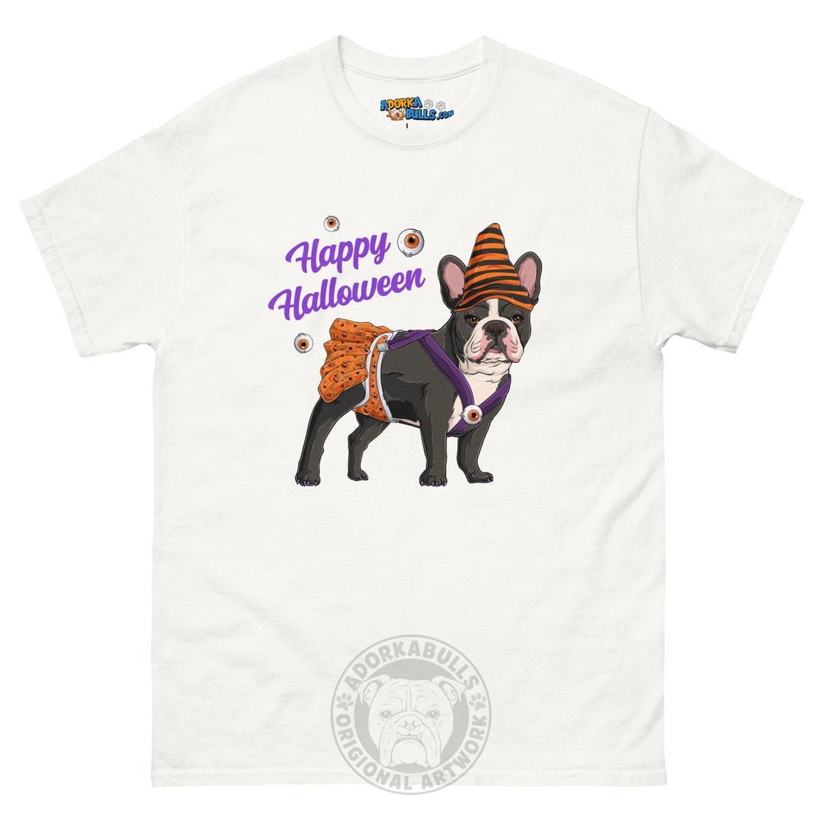 Happy Halloween Pumpkin tee with spina bifida, Frenchie Black &amp; White Female, White
