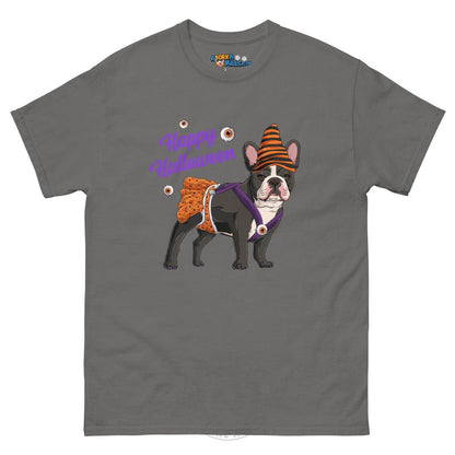 Happy Halloween Pumpkin tee with spina bifida, Frenchie Black &amp; White Female, Charcoal