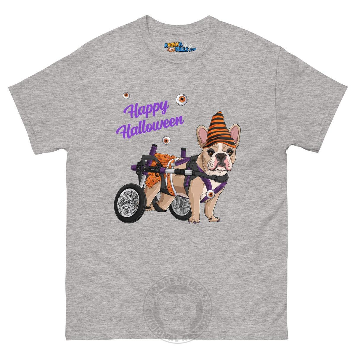 Happy Halloween Pumpkin Wheelchair Tee – Frenchie · Fawn &amp; White · Female – Sport Grey