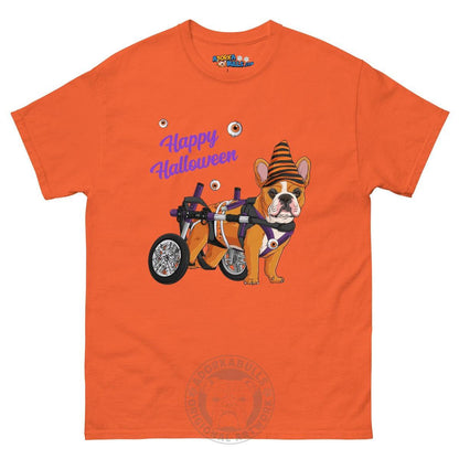 Happy Halloween Pumpkin Wheelchair Tee – Frenchie · Red &amp; White · Male – Orange