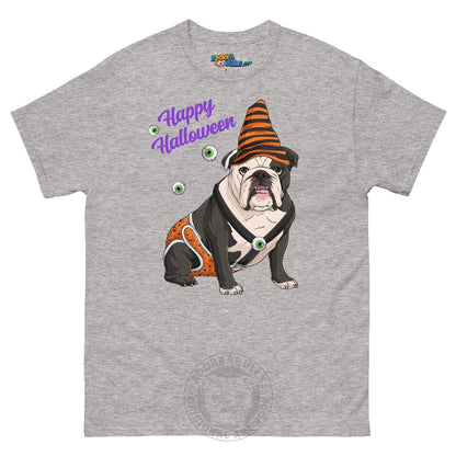 Happy Halloween Pumpkin tee with spina bifida, English Bulldog Black &amp; White Male, Sport Grey