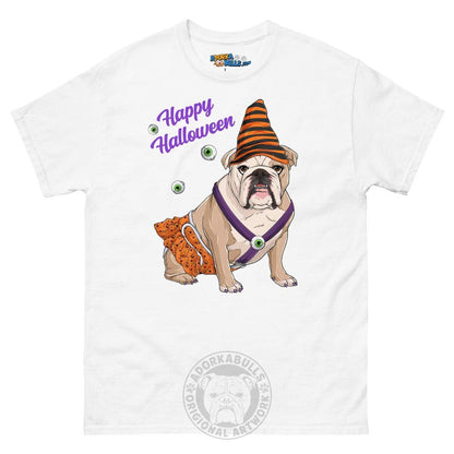 Happy Halloween Pumpkin tee with spina bifida, English Bulldog Fawn &amp; White Female, White