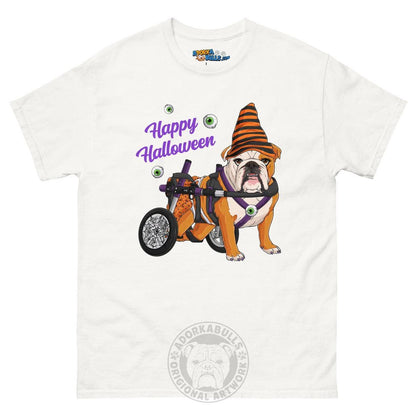 Happy Halloween Pumpkin Wheelchair Tee – English Bulldog · Red &amp; White · Female – White
