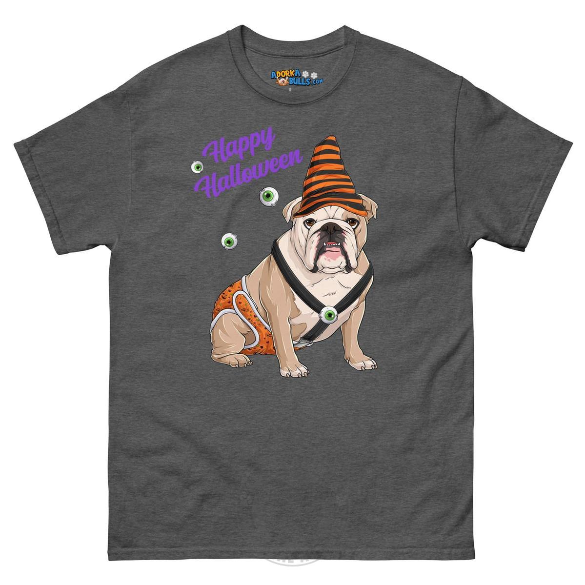 Happy Halloween Pumpkin tee with spina bifida, English Bulldog Fawn &amp; White Male, Dark Heather