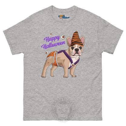 Happy Halloween Pumpkin tee with spina bifida, Frenchie Fawn &amp; White Male, Sport Grey