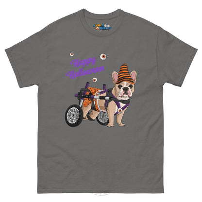 Happy Halloween Pumpkin Wheelchair Tee – Frenchie · Fawn &amp; White · Female – Charcoal