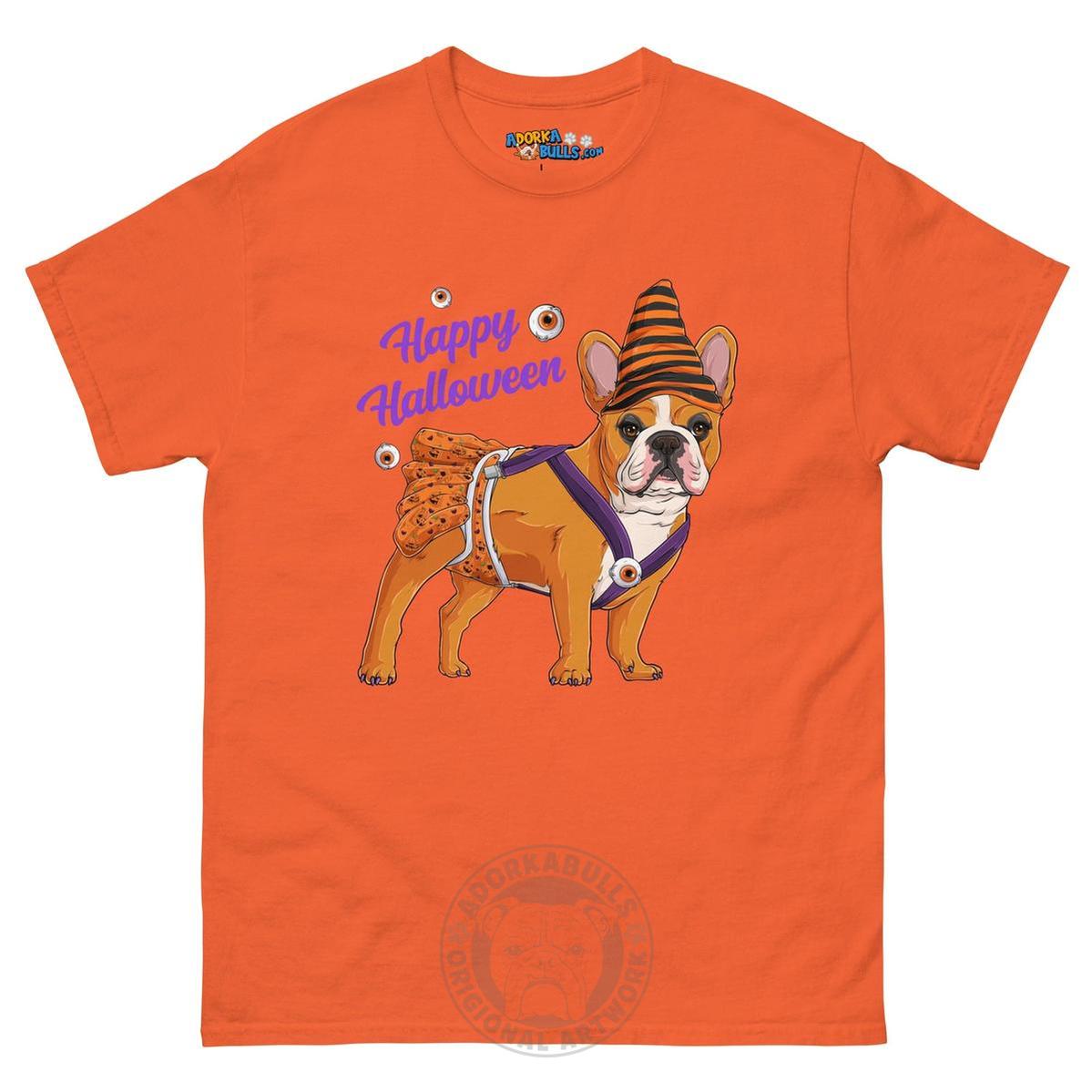 Happy Halloween Pumpkin tee with spina bifida, Frenchie Red &amp; White Female, Orange