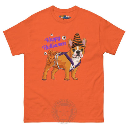 Happy Halloween Pumpkin tee with spina bifida, Frenchie Red &amp; White Female, Orange