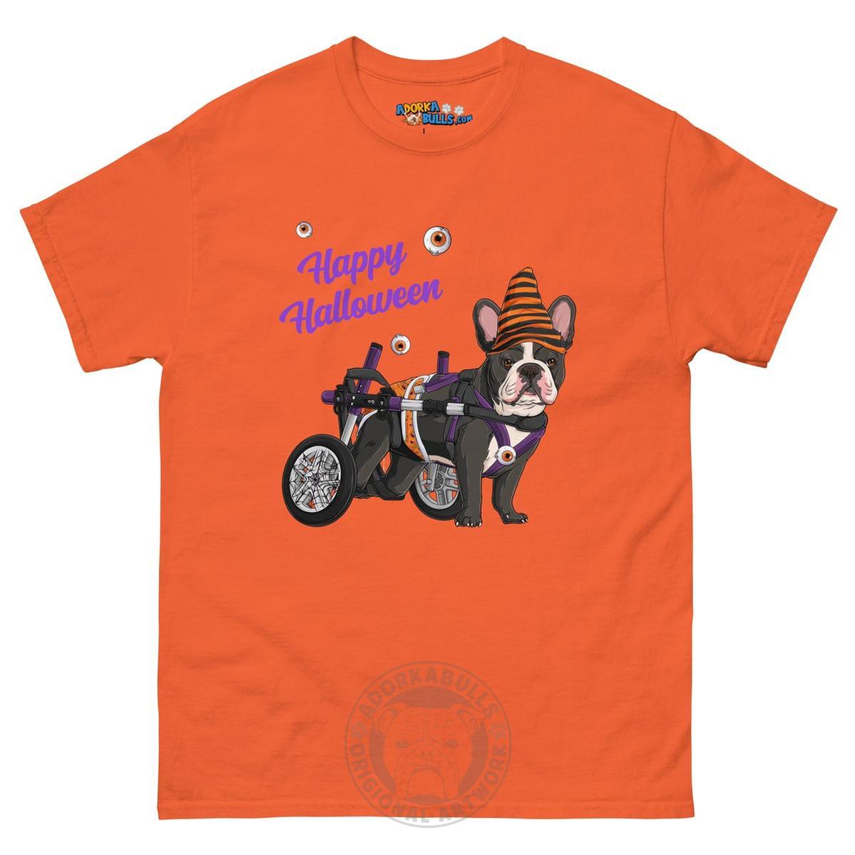 Happy Halloween Pumpkin Wheelchair Tee – Frenchie · Black &amp; White · Male – Orange