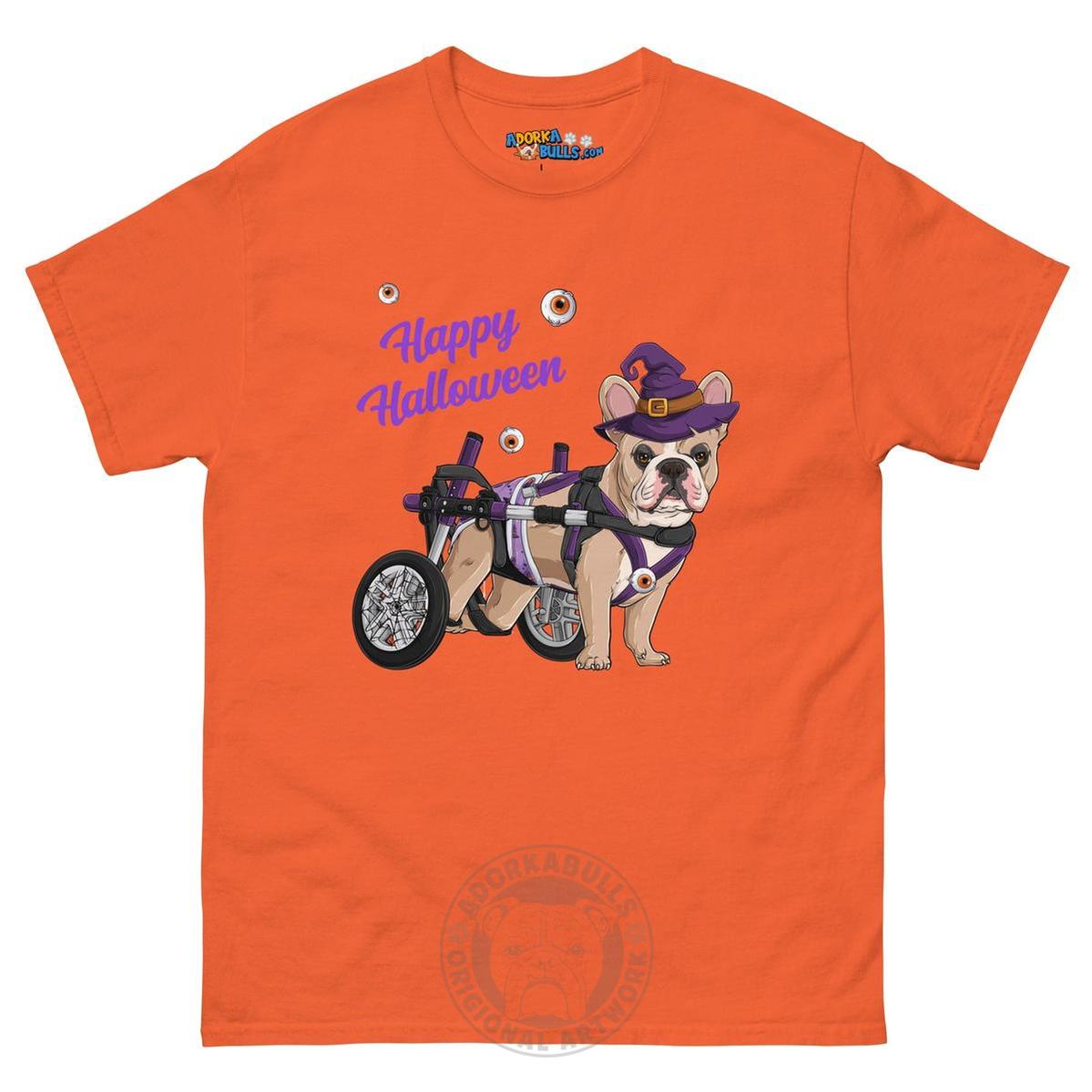 Happy Halloween Witch Wheelchair Tee – Frenchie · Fawn &amp; White · Male – Orange