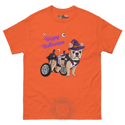 Happy Halloween Witch Wheelchair Tee – Frenchie · Fawn &amp; White · Male – Orange