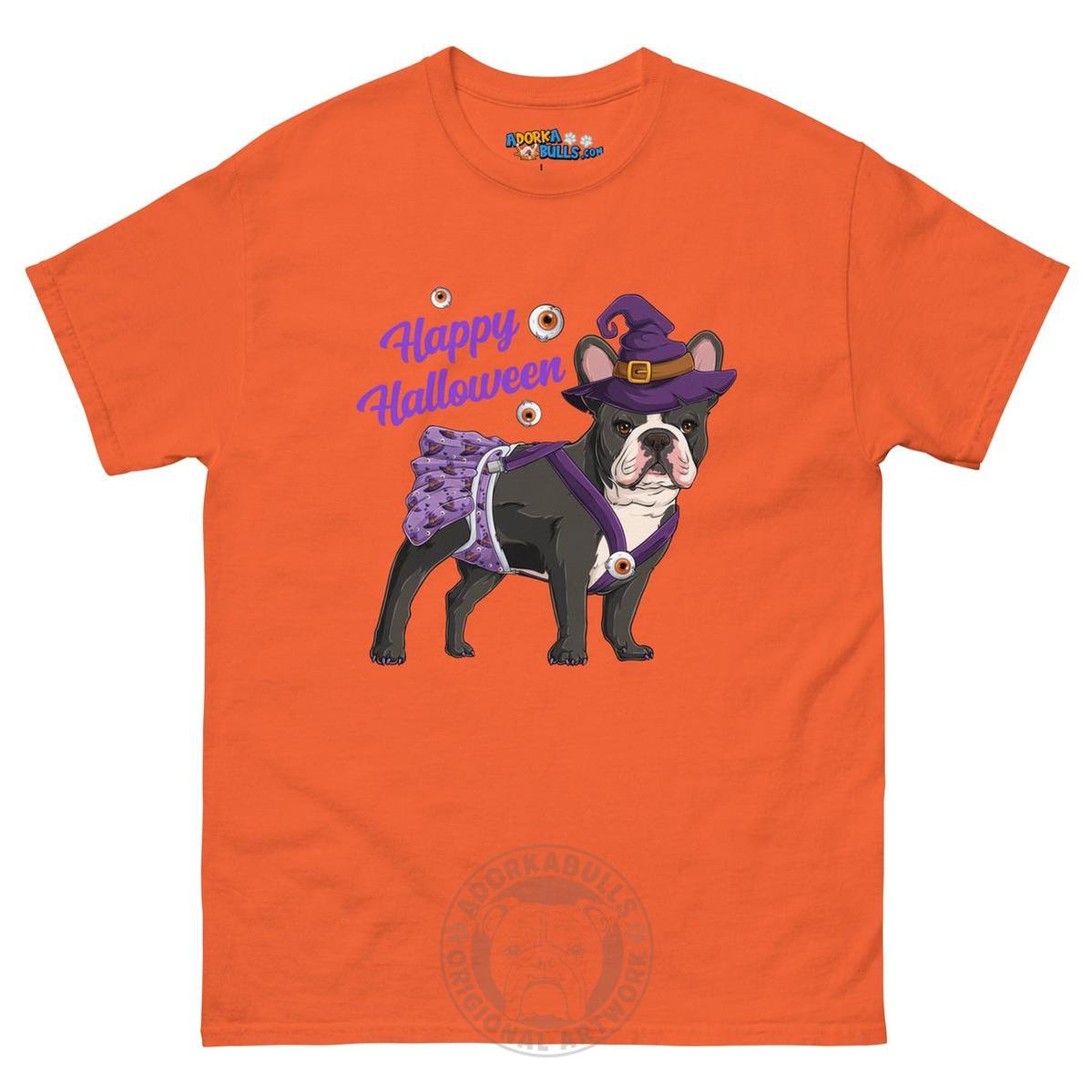 Happy Halloween Witch Spina Bifida Tee – Frenchie · Black &amp; White · Female – Orange