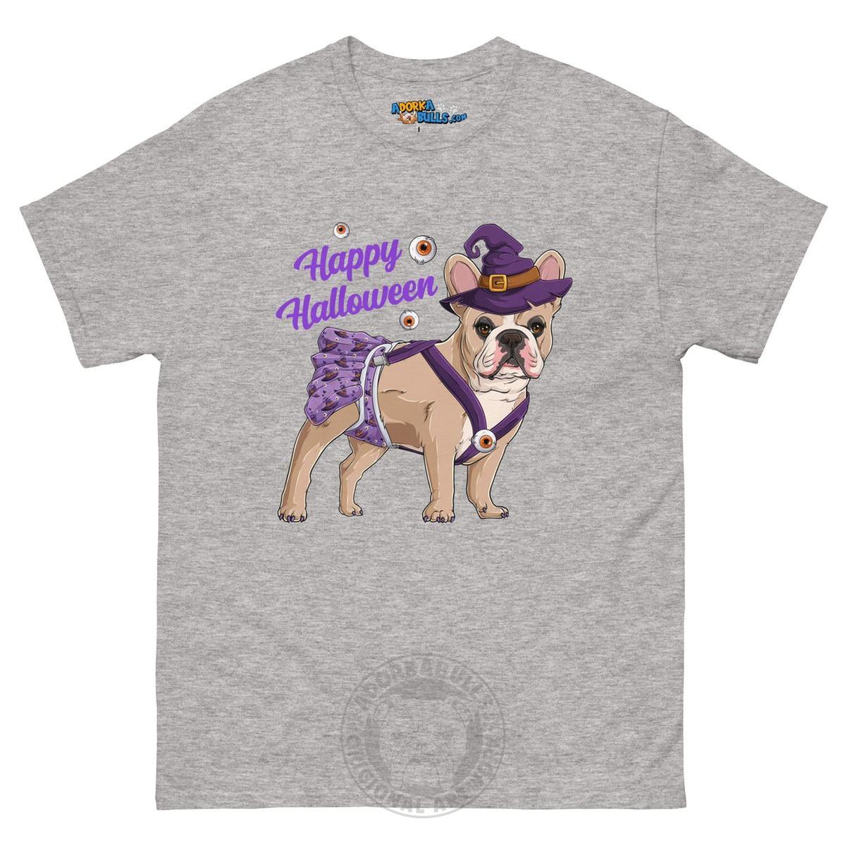 Happy Halloween Witch Spina Bifida Tee – Frenchie · Fawn &amp; White · Female – Sport Grey