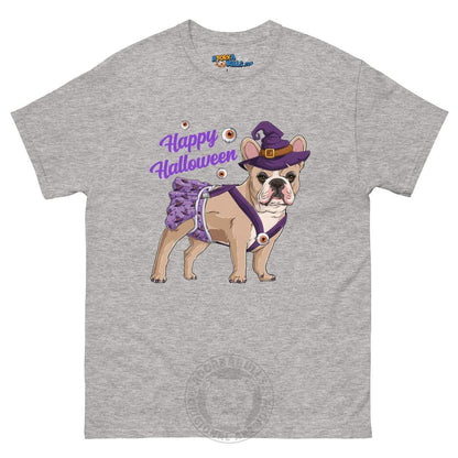 Happy Halloween Witch Spina Bifida Tee – Frenchie · Fawn &amp; White · Female – Sport Grey