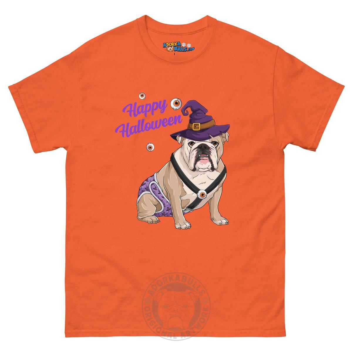 Happy Halloween Witch Spina Bifida Tee – English Bulldog · Fawn &amp; White · Male – Orange