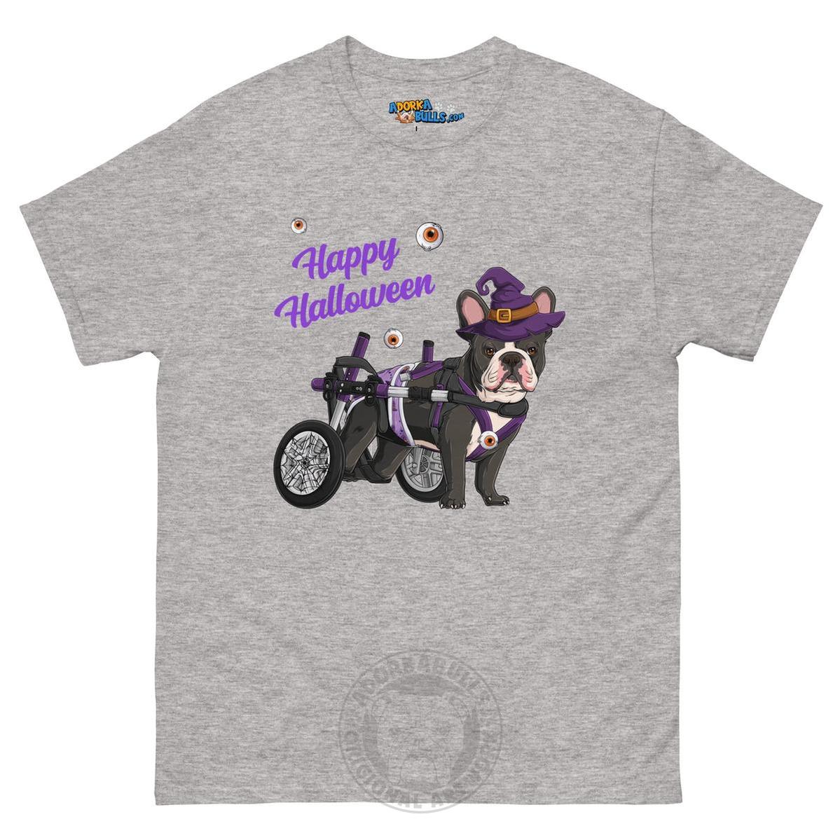 Happy Halloween Witch Wheelchair Tee – Frenchie · Black &amp; White · Male – Sport Grey