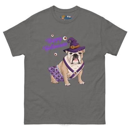 Happy Halloween Witch Spina Bifida Tee – English Bulldog · Fawn &amp; White · Female – Charcoal