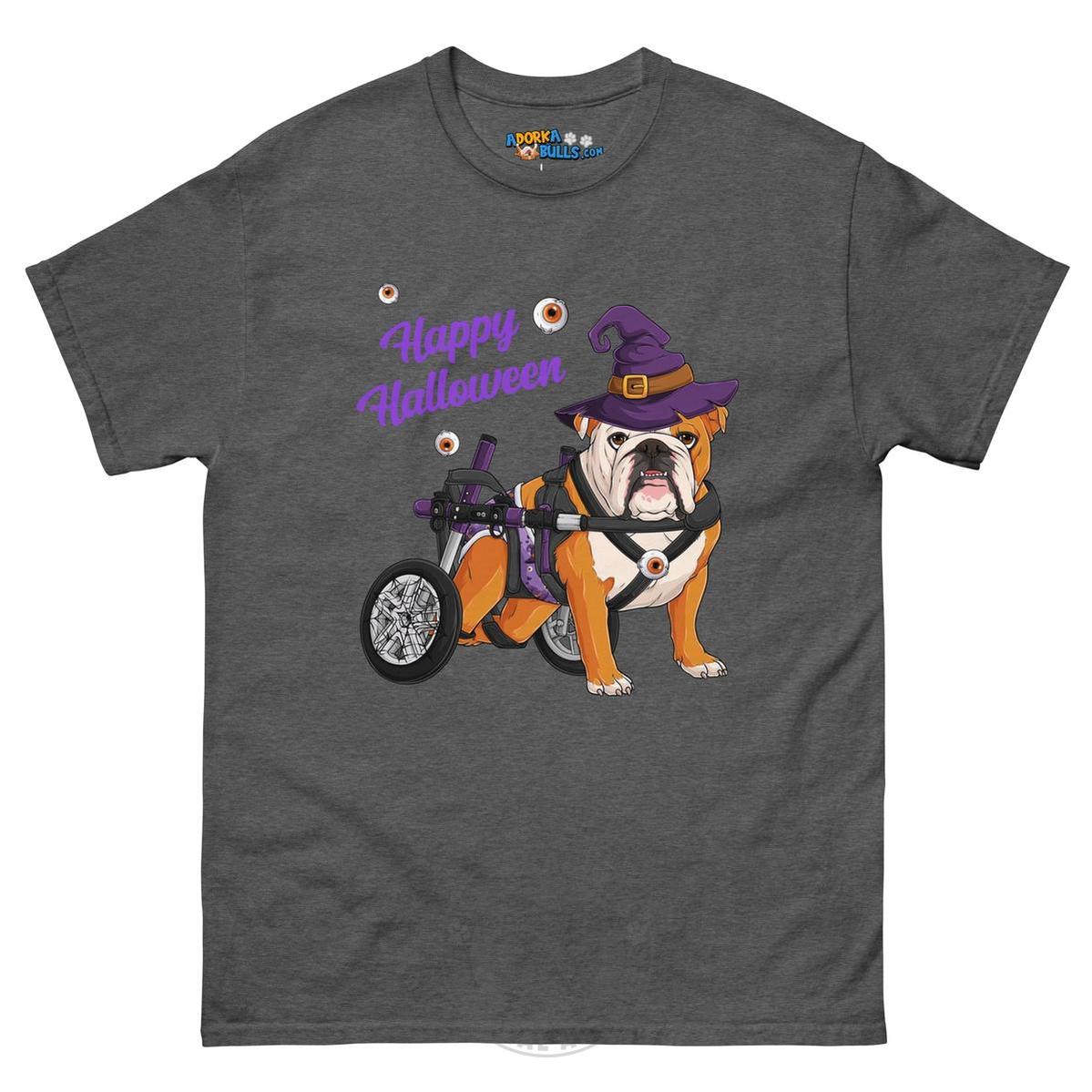 Happy Halloween Witch Wheelchair Tee – English Bulldog · Red &amp; White · Male – Dark Heather