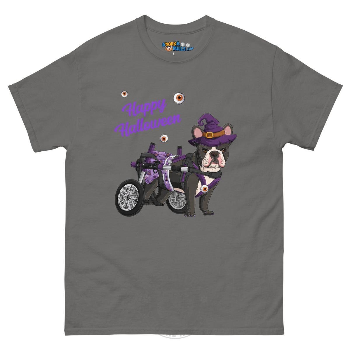 Happy Halloween Witch Wheelchair Tee – Frenchie · Black &amp; White · Female – Charcoal