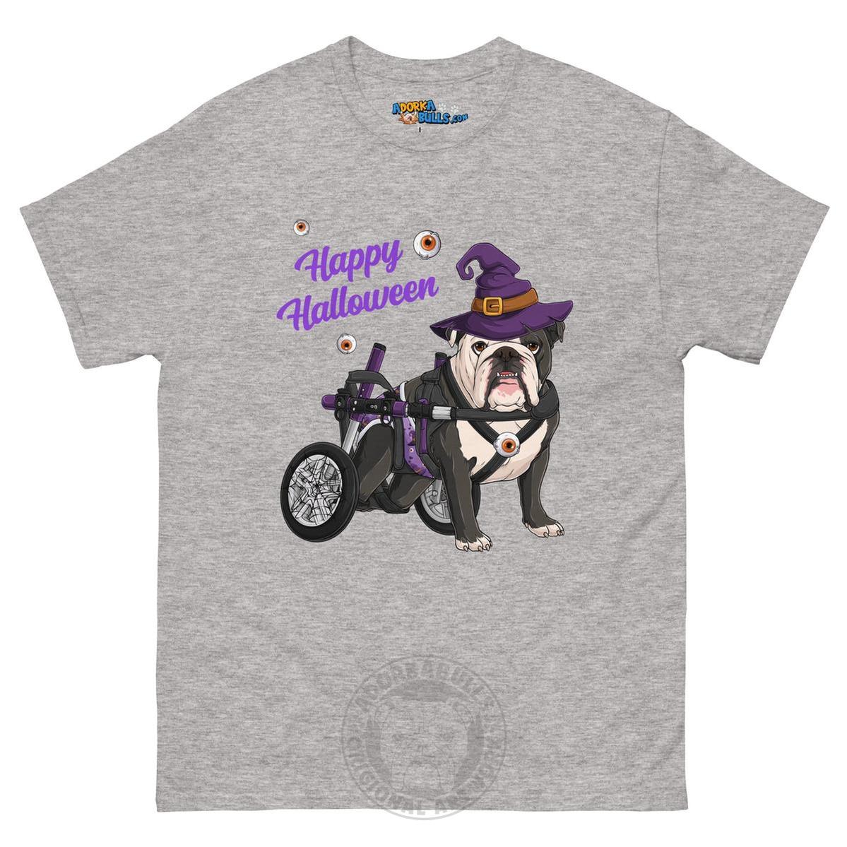 Happy Halloween Witch Wheelchair Tee – English Bulldog · Black &amp; White · Male – Sport Grey