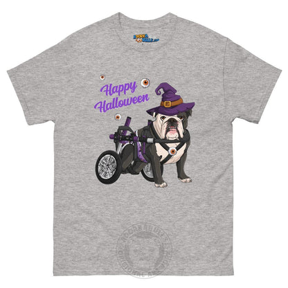 Happy Halloween Witch Wheelchair Tee – English Bulldog · Black &amp; White · Male – Sport Grey