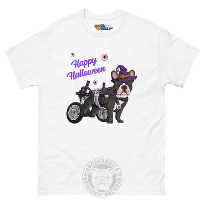 Happy Halloween Witch Wheelchair Tee – Frenchie · Black &amp; White · Male – White