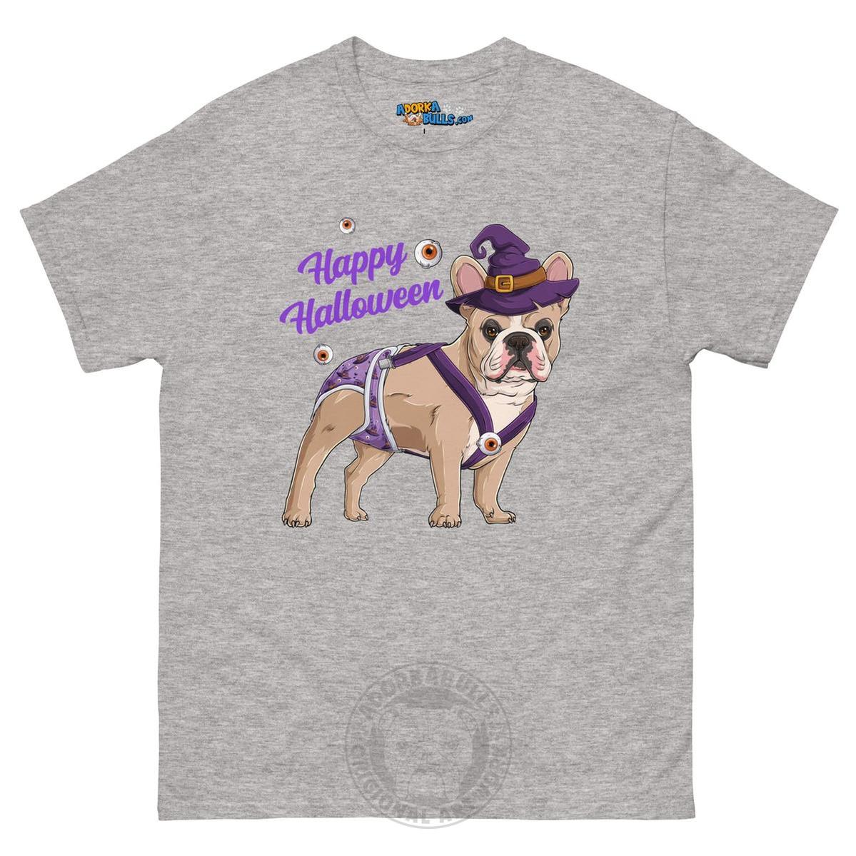 Happy Halloween Witch Spina Bifida Tee – Frenchie · Fawn &amp; White · Male – Sport Grey