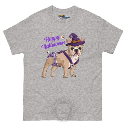 Happy Halloween Witch Spina Bifida Tee – Frenchie · Fawn &amp; White · Male – Sport Grey