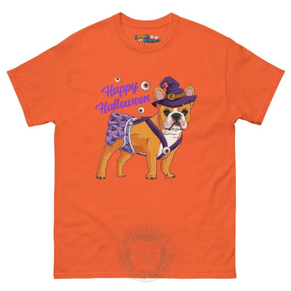 Happy Halloween Witch Spina Bifida Tee – Frenchie · Red &amp; White · Female – Orange
