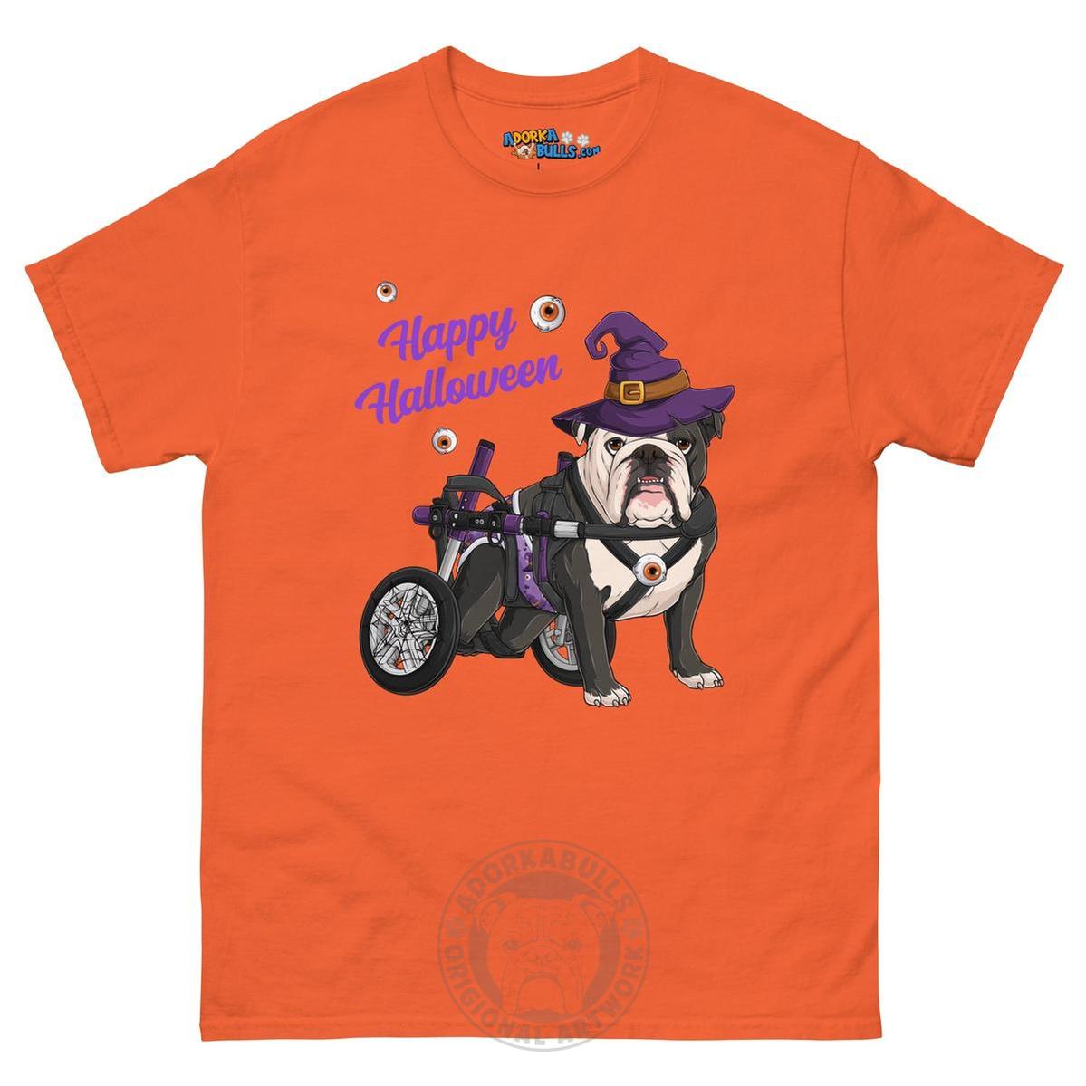 Happy Halloween Witch Wheelchair Tee – English Bulldog · Black &amp; White · Male – Orange