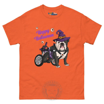 Happy Halloween Witch Wheelchair Tee – English Bulldog · Black &amp; White · Male – Orange