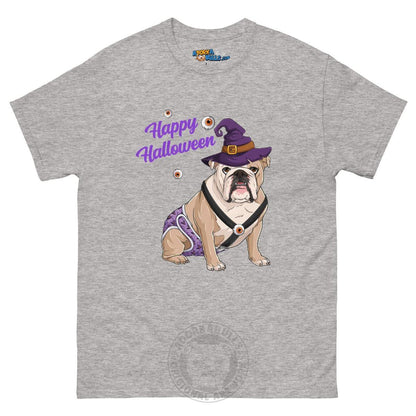 Happy Halloween Witch Spina Bifida Tee – English Bulldog · Fawn &amp; White · Male – Sport Grey