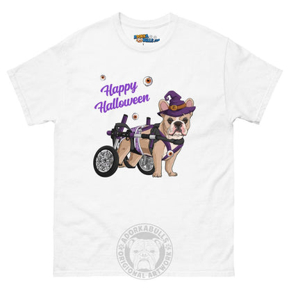 Happy Halloween Witch Wheelchair Tee – Frenchie · Fawn &amp; White · Male – White