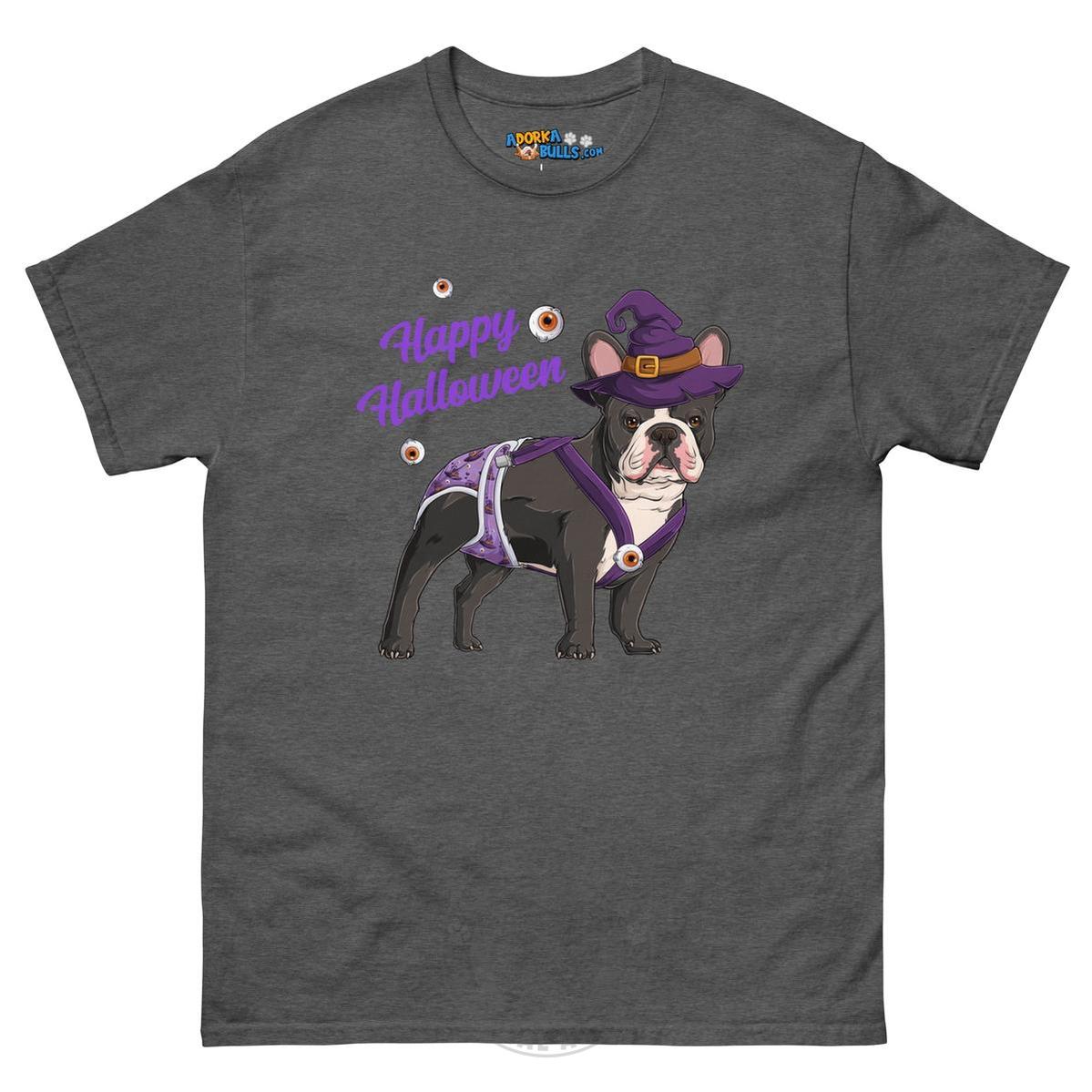 Happy Halloween Witch Spina Bifida Tee – Frenchie · Black &amp; White · Male – Dark Heather