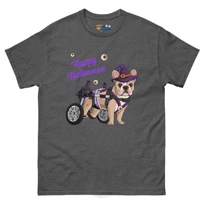 Happy Halloween Witch Wheelchair Tee – Frenchie · Fawn &amp; White · Male – Dark Heather