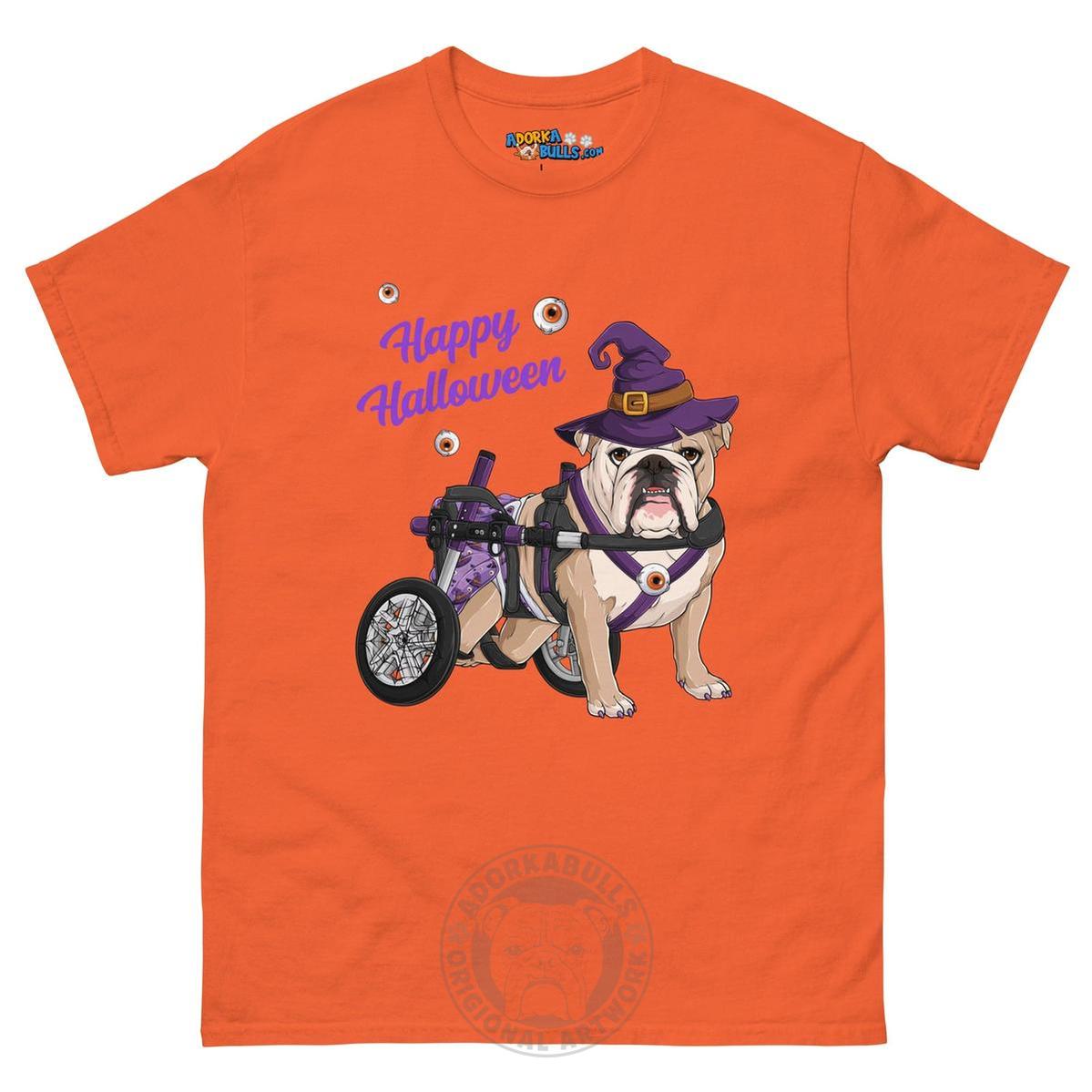 Happy Halloween Witch Wheelchair Tee – English Bulldog · Fawn &amp; White · Female – Orange