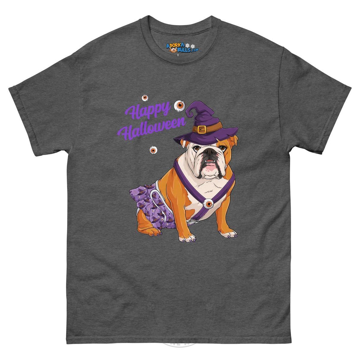 Happy Halloween Witch Spina Bifida Tee – English Bulldog · Red &amp; White · Female – Dark Heather