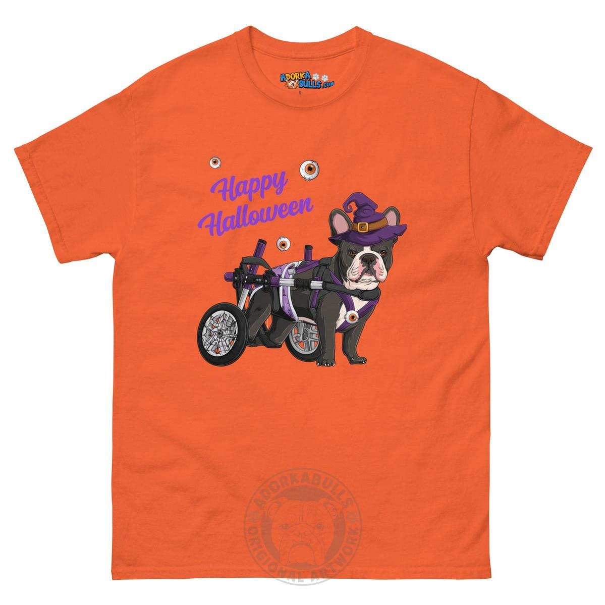 Happy Halloween Witch Wheelchair Tee – Frenchie · Black &amp; White · Male – Orange