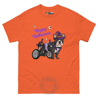 Happy Halloween Witch Wheelchair Tee – Frenchie · Black &amp; White · Male – Orange
