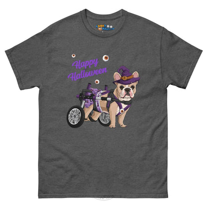 Happy Halloween Witch Wheelchair Tee – Frenchie · Fawn &amp; White · Female – Dark Heather