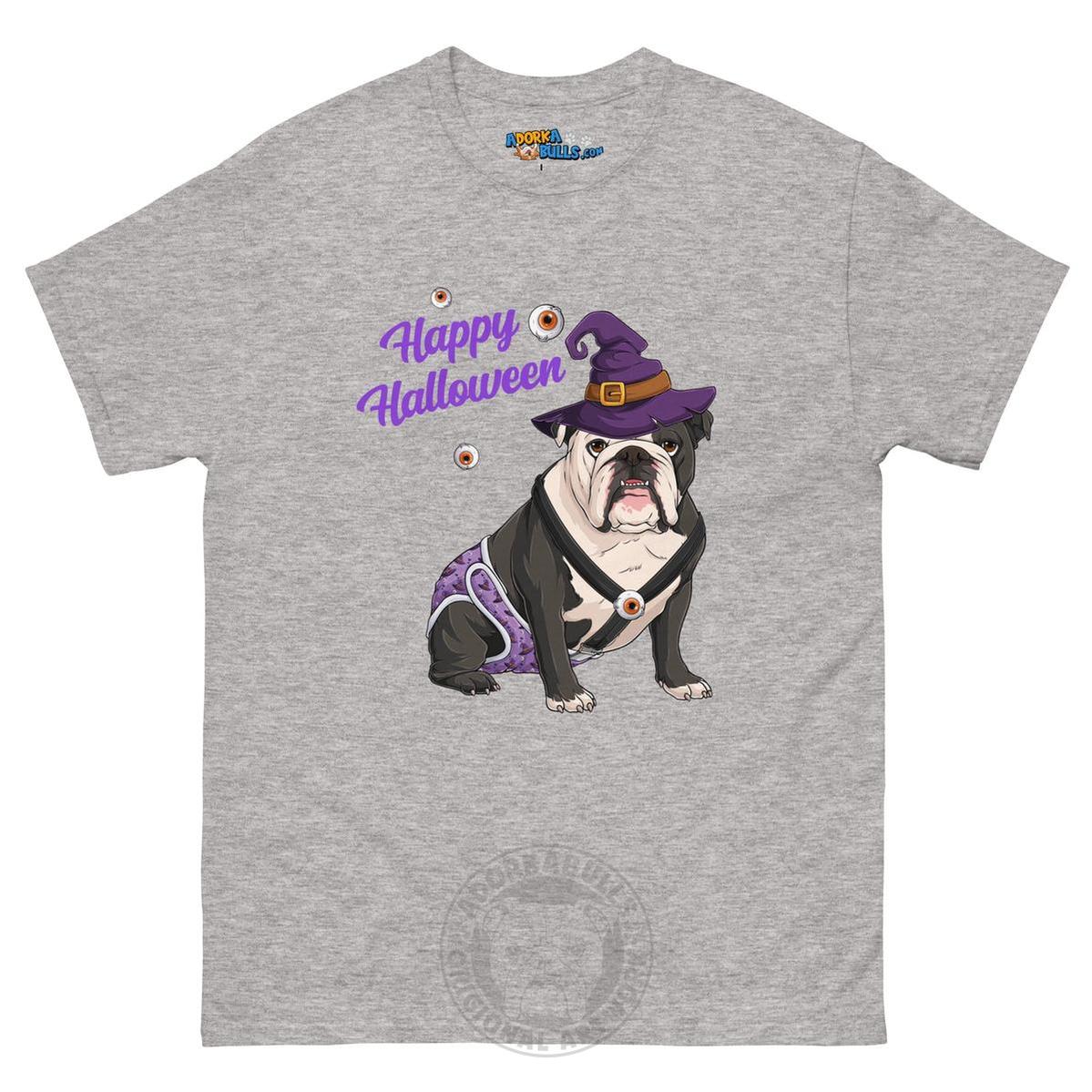 Happy Halloween Witch Spina Bifida Tee – English Bulldog · Black &amp; White · Male – Sport Grey