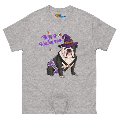 Happy Halloween Witch Spina Bifida Tee – English Bulldog · Black &amp; White · Male – Sport Grey