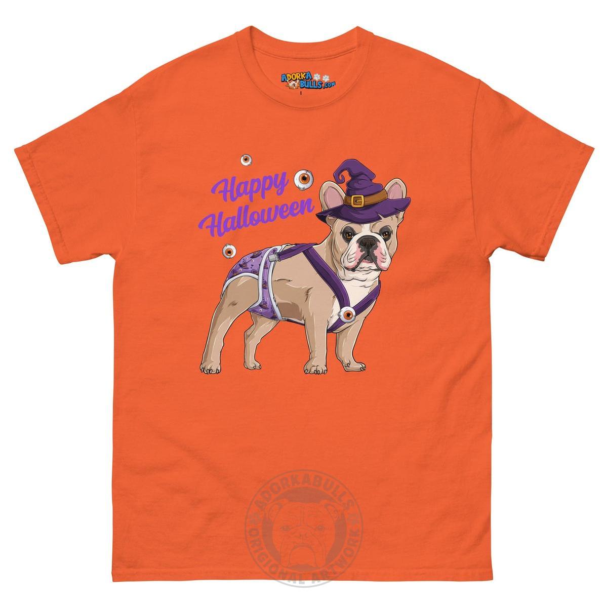 Happy Halloween Witch Spina Bifida Tee – Frenchie · Fawn &amp; White · Male – Orange