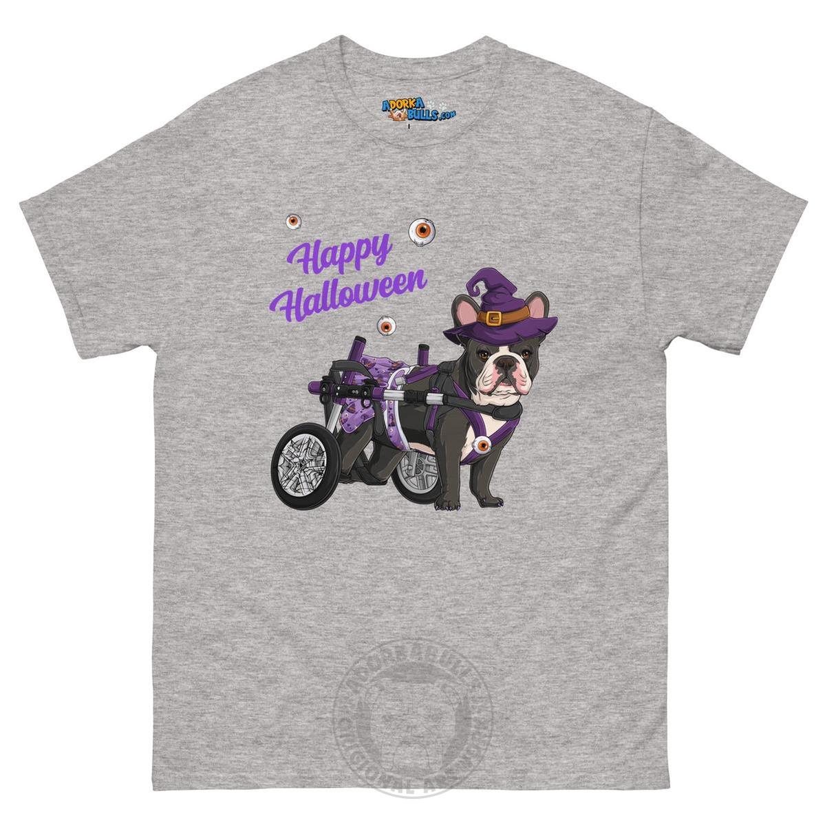 Happy Halloween Witch Wheelchair Tee – Frenchie · Black &amp; White · Female – Sport Grey