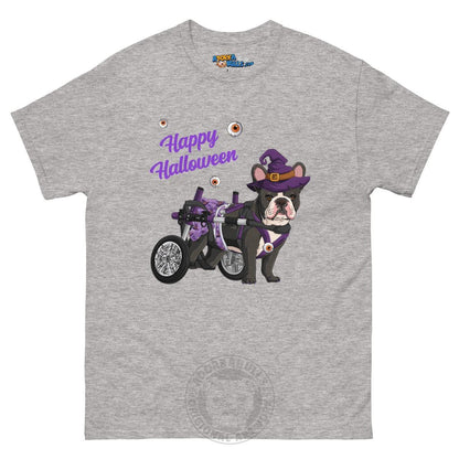 Happy Halloween Witch Wheelchair Tee – Frenchie · Black &amp; White · Female – Sport Grey