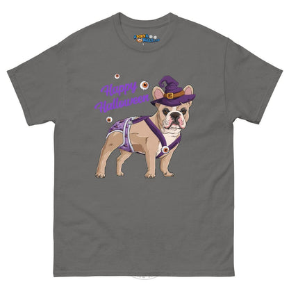Happy Halloween Witch Spina Bifida Tee – Frenchie · Fawn &amp; White · Male – Charcoal