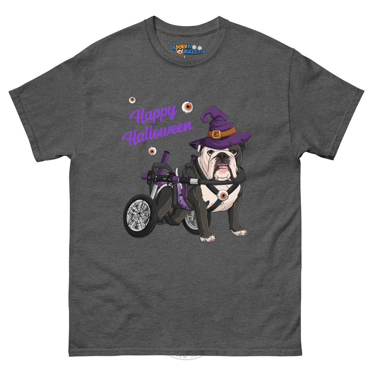 Happy Halloween Witch Wheelchair Tee – English Bulldog · Black &amp; White · Male – Dark Heather