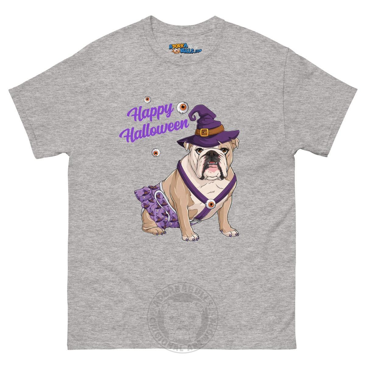 Happy Halloween Witch Spina Bifida Tee – English Bulldog · Fawn &amp; White · Female – Sport Grey