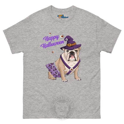 Happy Halloween Witch Spina Bifida Tee – English Bulldog · Fawn &amp; White · Female – Sport Grey